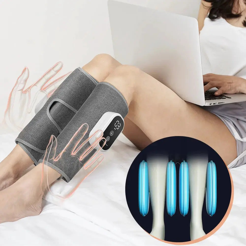 Electric 360° Calf Massager, wireless with 3-mode air compression, gray fabric, digital control.