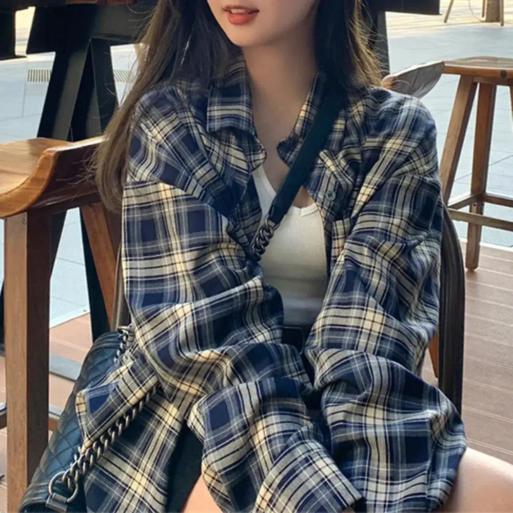 Korean plaid blouse for women by Simples Market, blue check long-sleeve shirt, casual loose fit