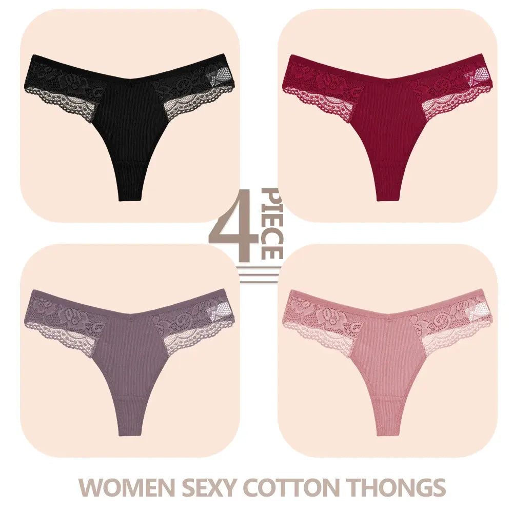 4-piece set of women’s cotton lace V-waist thongs in black, burgundy, gray, and pink