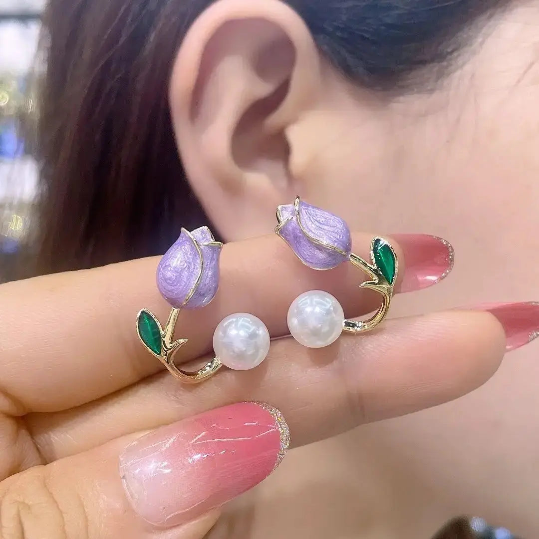 ZAKOL Fresh Rose Stud Earrings With Imitation Pearl Sweet Pink Tulip For Women Trendy Jewelry