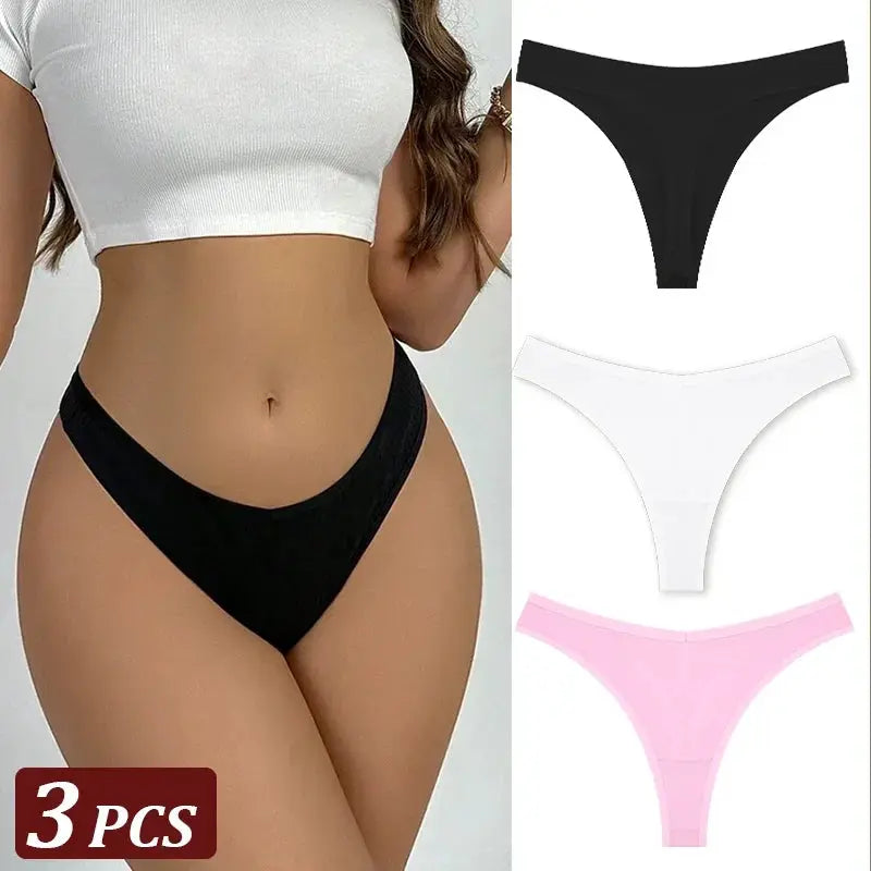 Simples Market 3-pack seamless cotton thong underwear set in black, white and pink; low-waist, T-back with thin straps