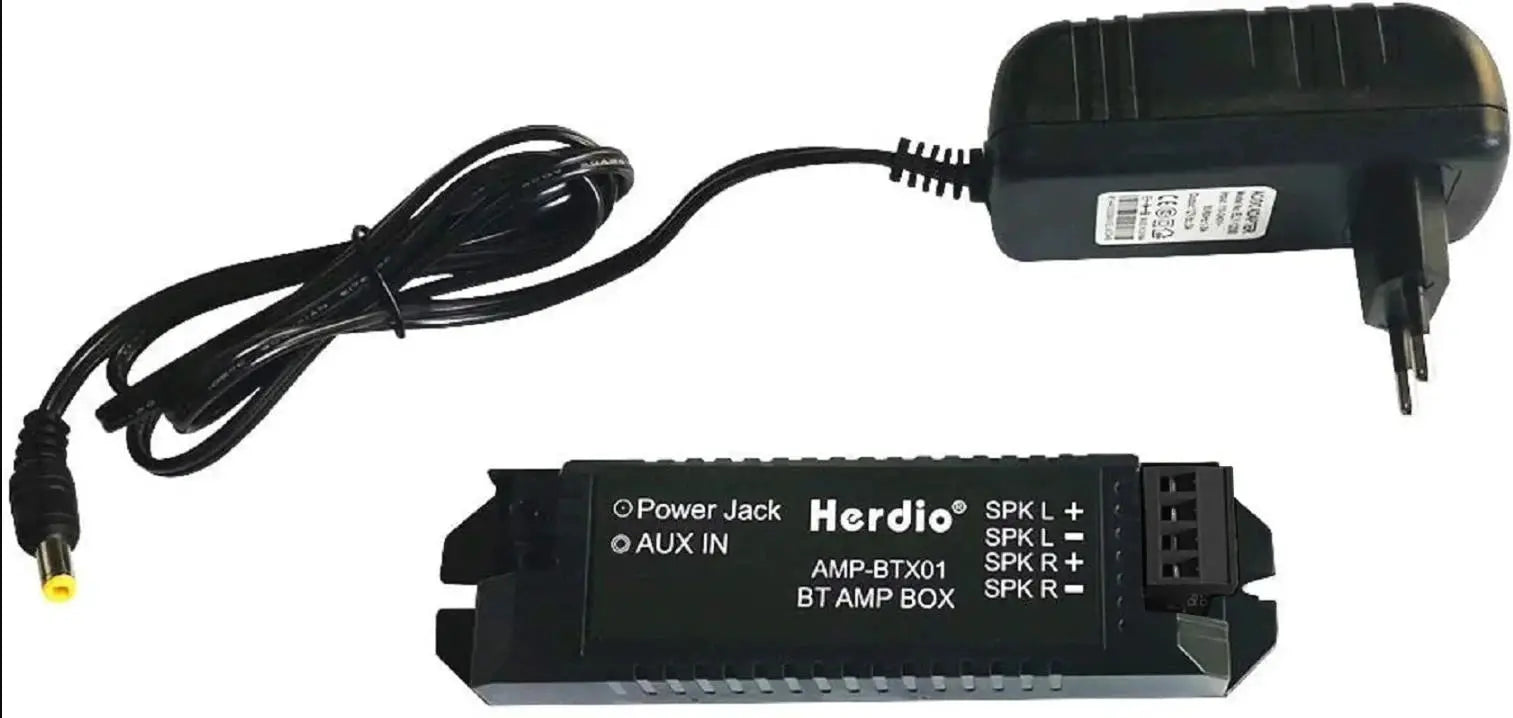 Herdio BT Amplifier Box with power adapter and AUX input, black indoor ceiling speaker system, 2-piece set
