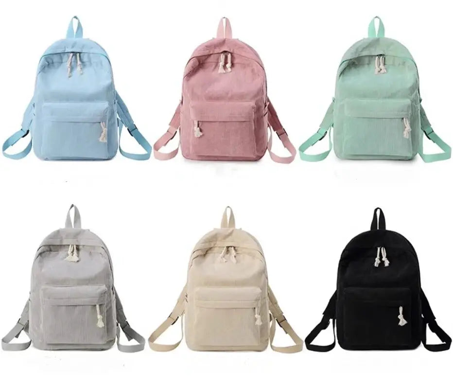 Personalized kids' corduroy backpacks, six color options in blue, pink, mint, gray, beige, and black
