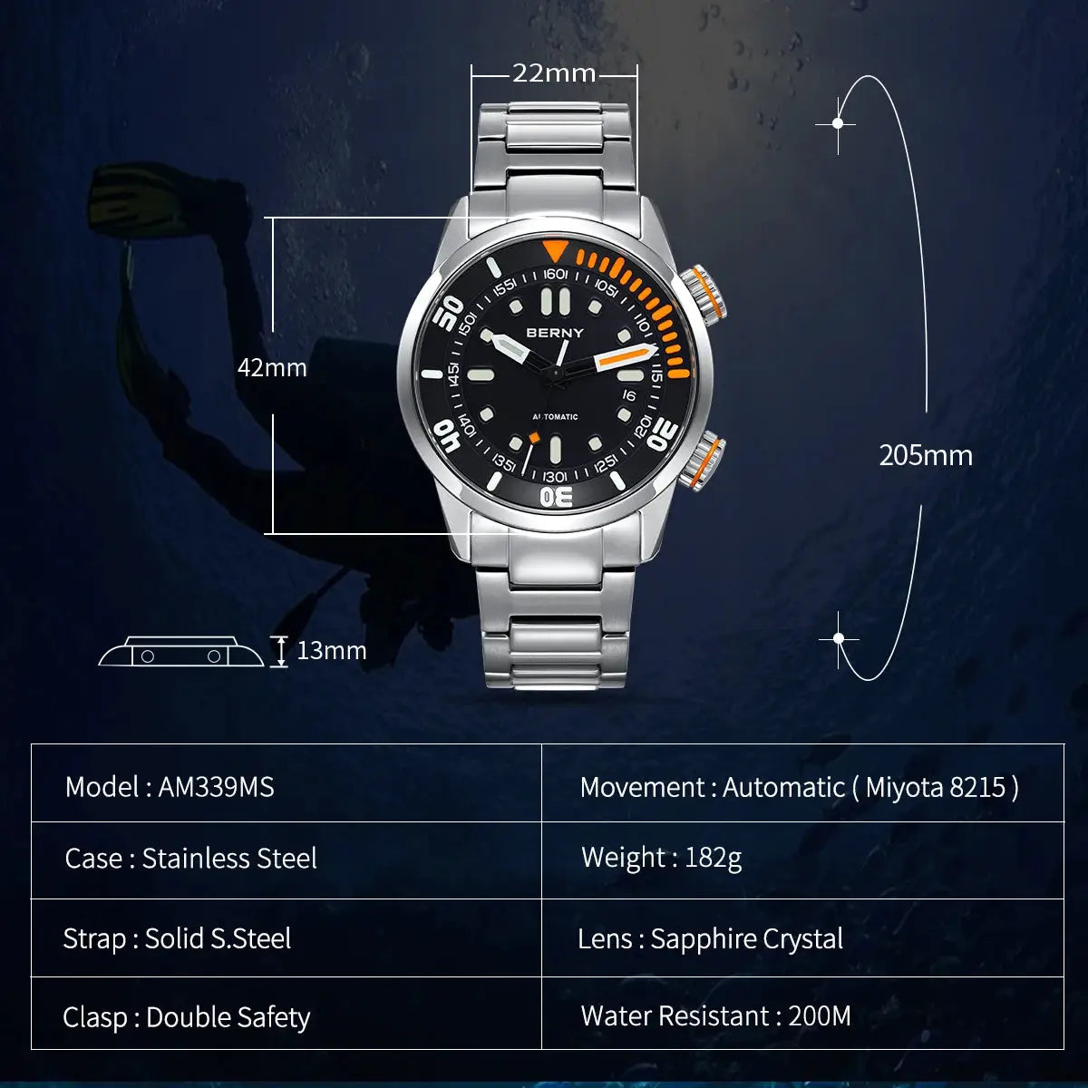 BERNY automatic dive watch for men, stainless steel case and bracelet, sapphire crystal, 200m water resistant.