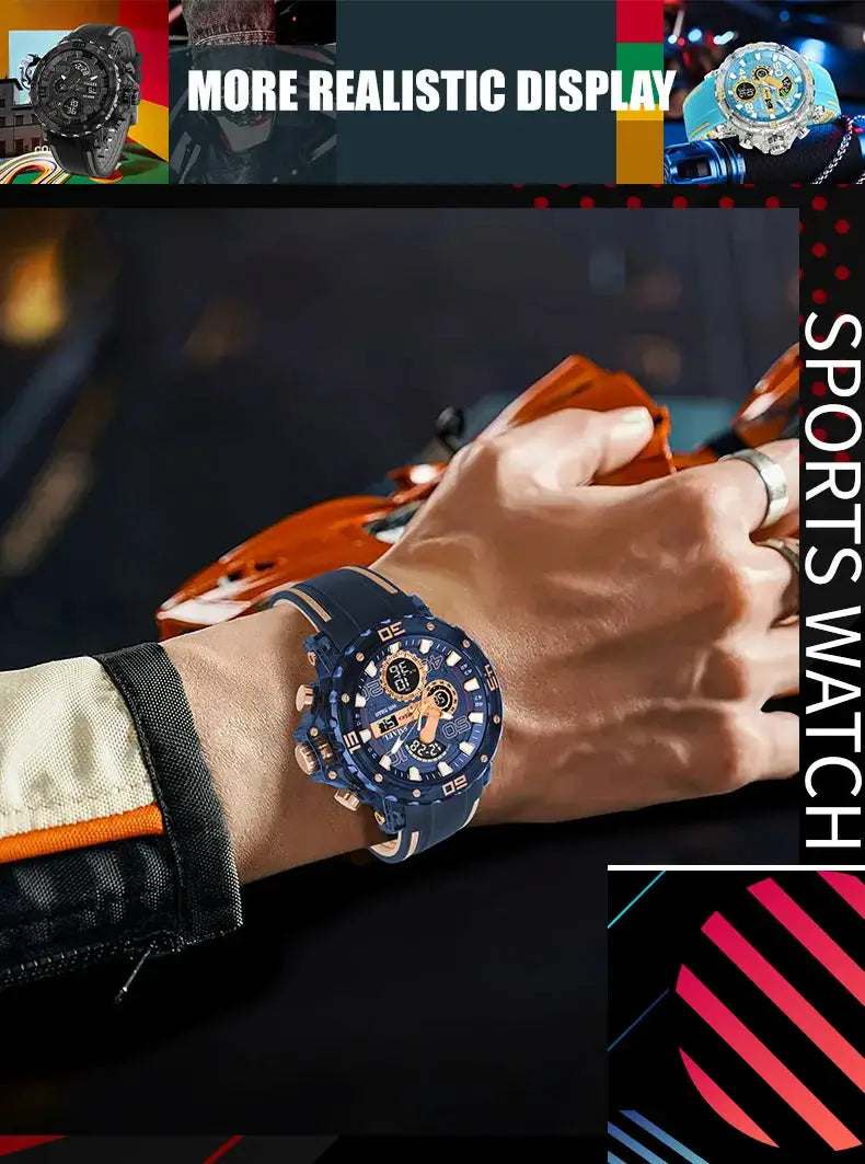 Military watch for men; blue dial, sports chronograph on the wrist
