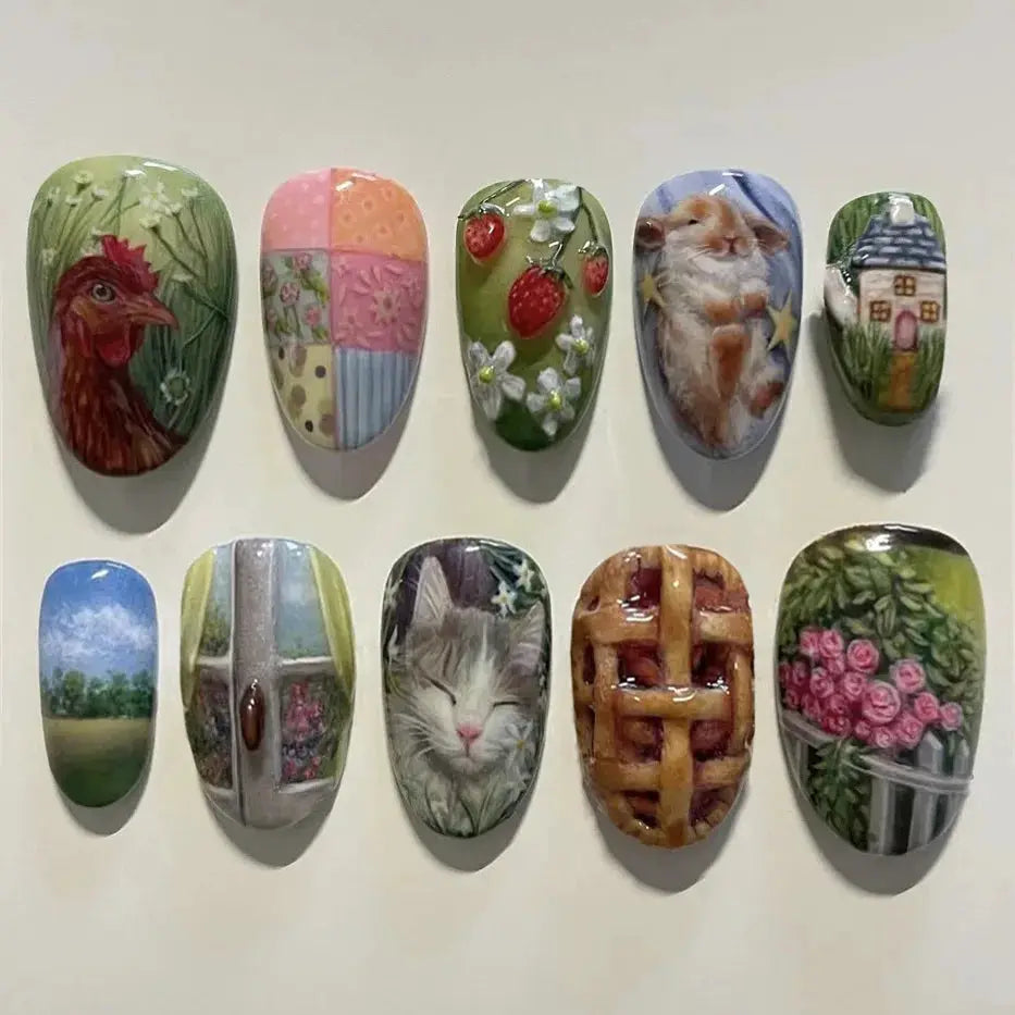 Spicy Girl Flower Print Press On Nails 24Pcs Wine Red Blush Almond Wearable Reusable False Nail Tips For Summer