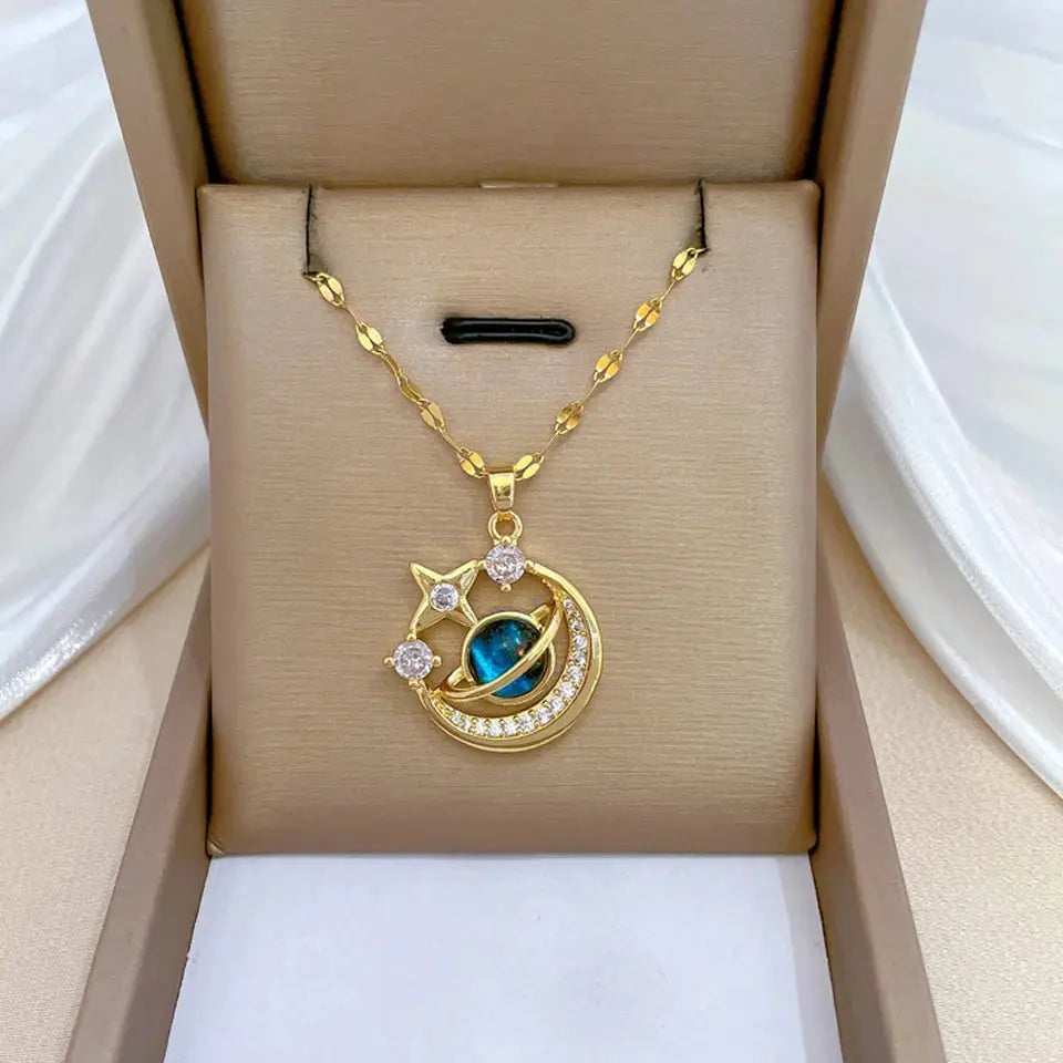 Light Luxury Titanium Steel Star Series Necklace For Women With Gold Planet Moon Astronaut Pendant Jewelry Gift
