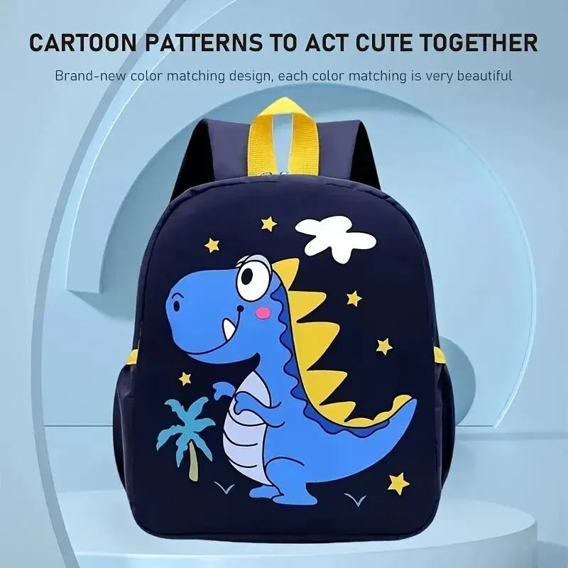 Kids' dinosaur backpack by Simples Market; navy canvas with yellow accents and playful cartoon print.
