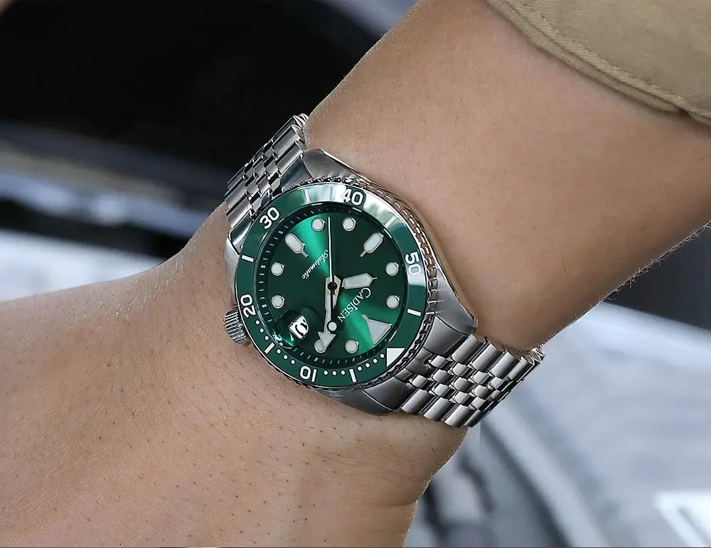 CADISEN luminous men's automatic mechanical watch with green dial, ceramic bezel and stainless steel bracelet