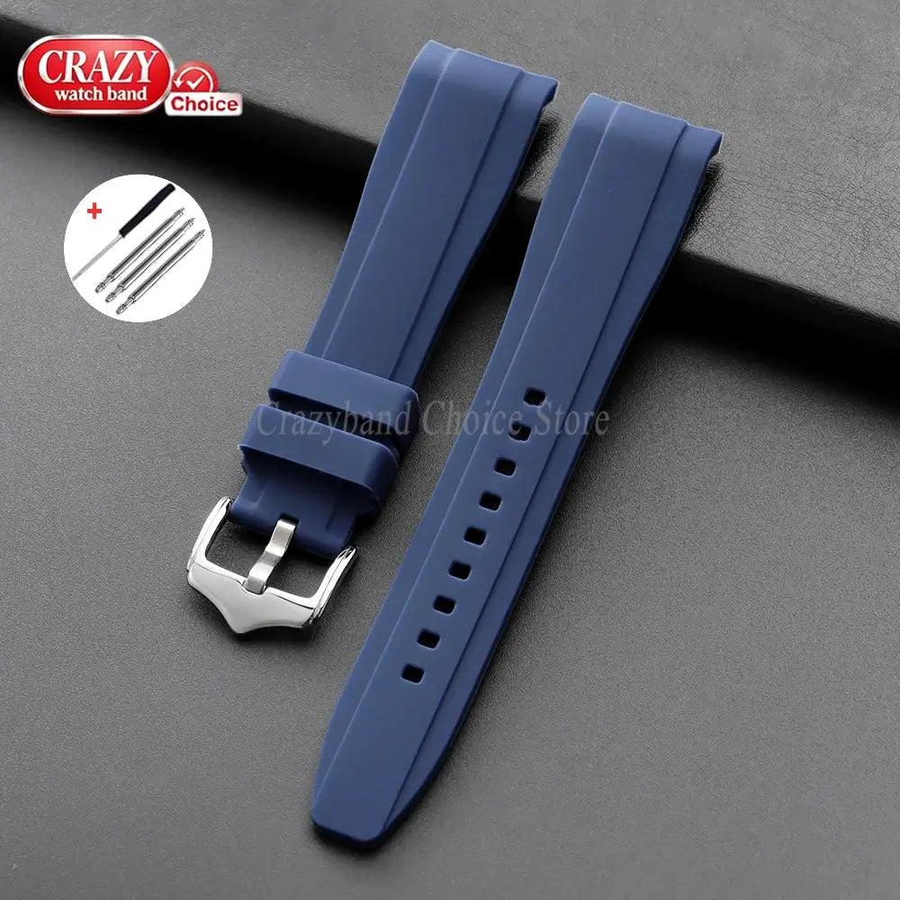 2 blue silicone watch straps with curved ends and metal buckle; Crazy Watch Band Choice logo