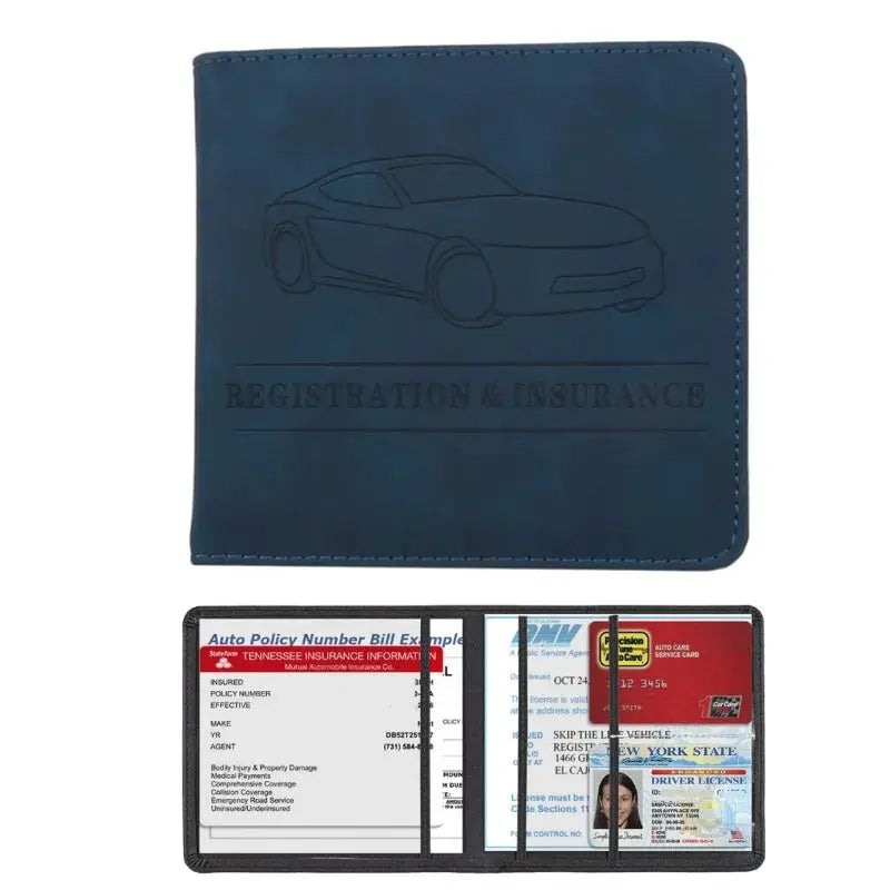 Men's blue leather card holder wallet by Simples Market with car embossing for registration and insurance cards