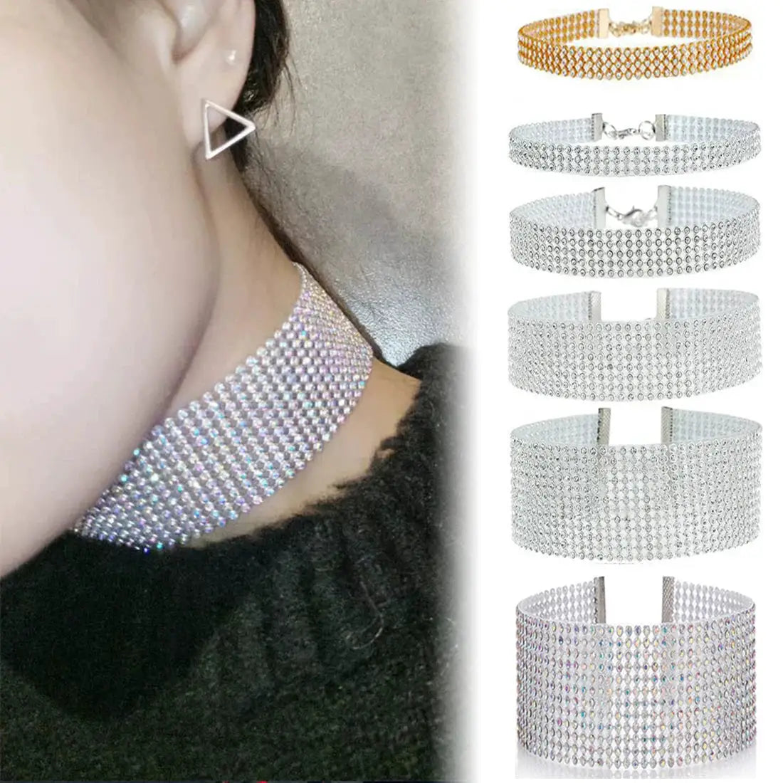 Top Quality Rhinestone Choker Necklace Shiny Punk Hip Hop Style For Women Party Gift Korean Jewelry