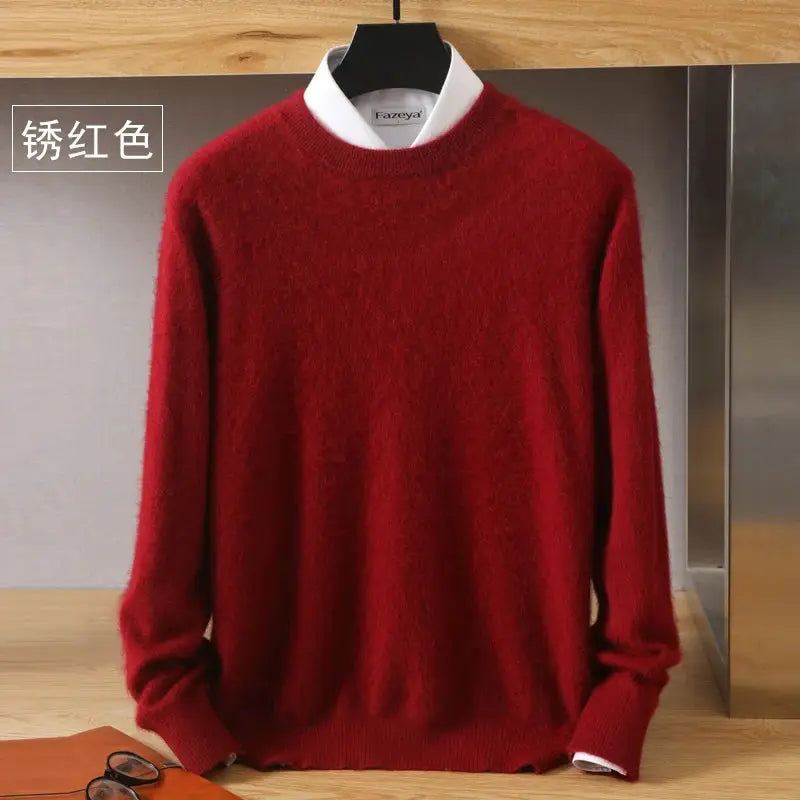 Men's red mink cashmere O-neck sweater, long-sleeve knit by Simples Market