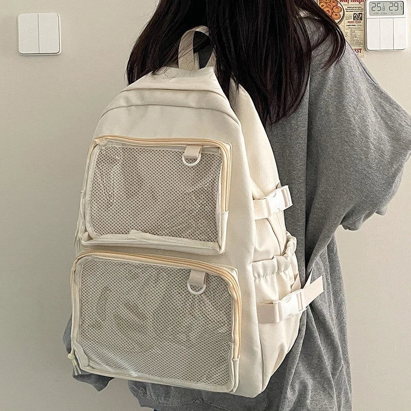 Cream ita bag backpack with two mesh front pockets, Japanese-style large-capacity school bag