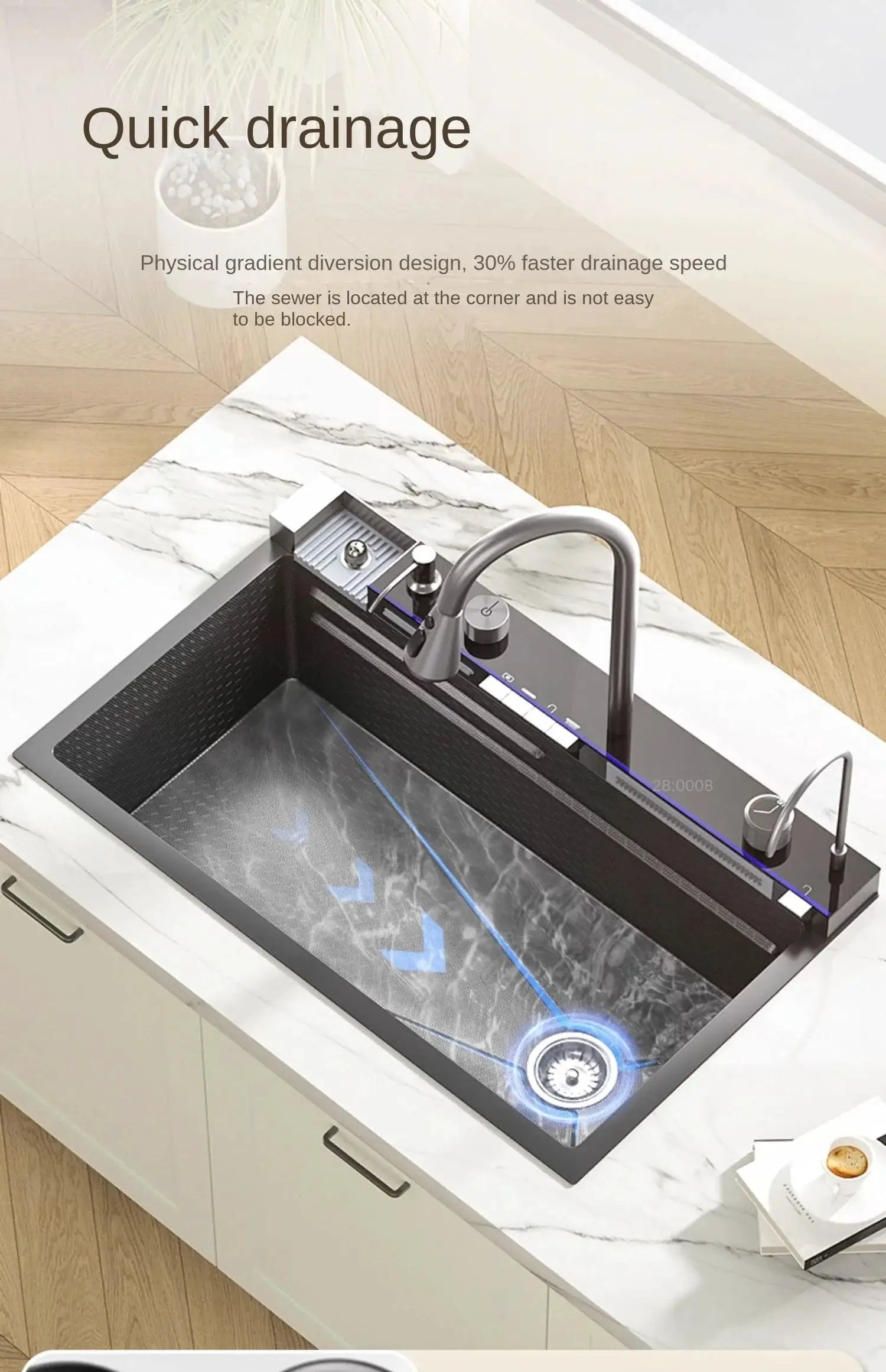 Integrated waterfall kitchen sink with large digital display and stainless steel faucet