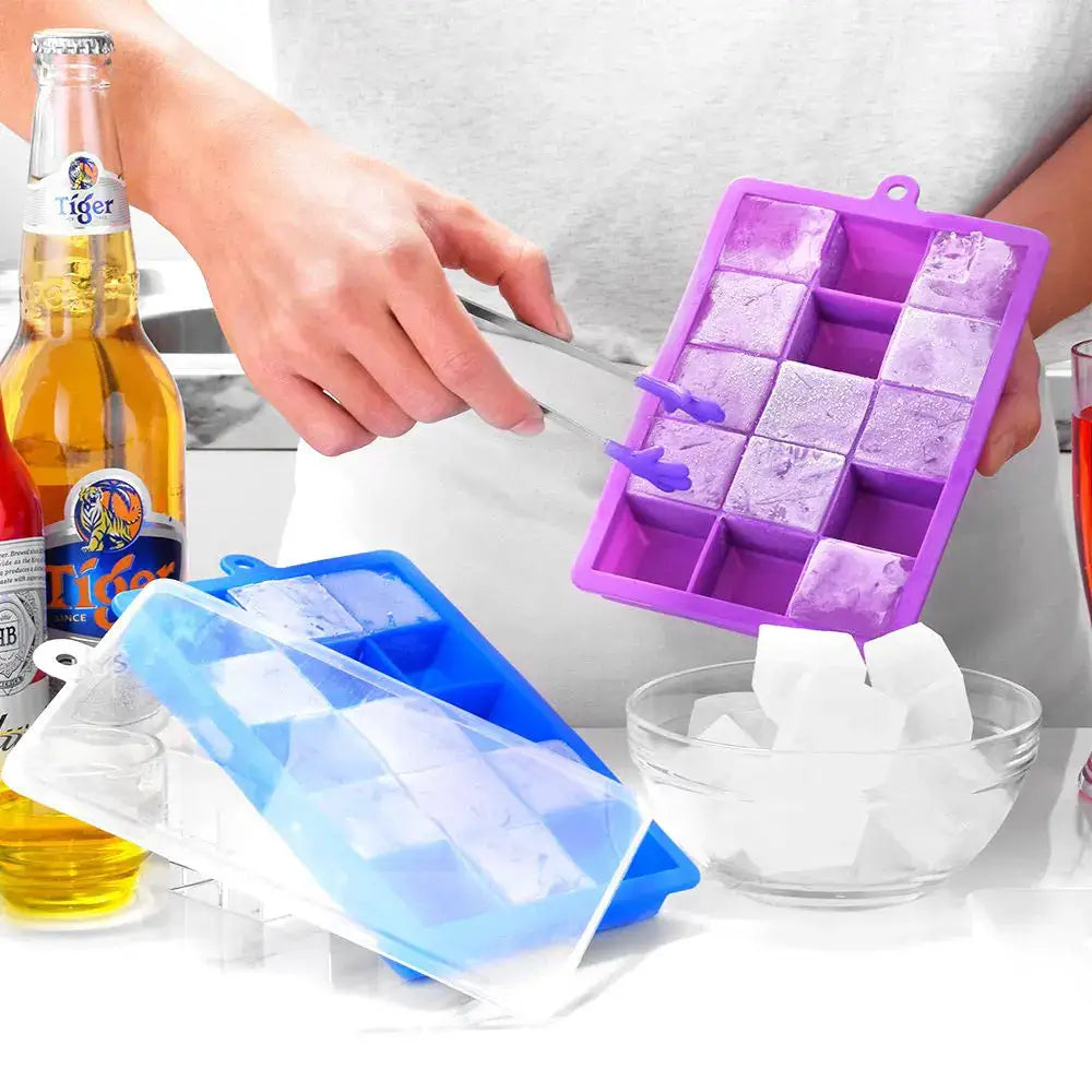 Two silicone ice cube molds, 15/24-grid square trays with lids, purple and blue, for cocktails and cold drinks