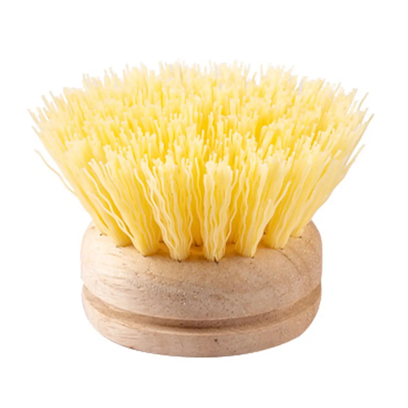 Dish brush with wooden handle and dense yellow bristles for pot and kitchen cleaning