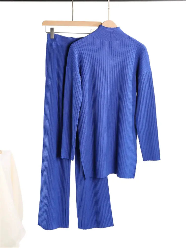CozyNest Autumn Winter Two Piece Knitted Tracksuit Set With Turtleneck Sweater And Wide Leg Joggers For Women