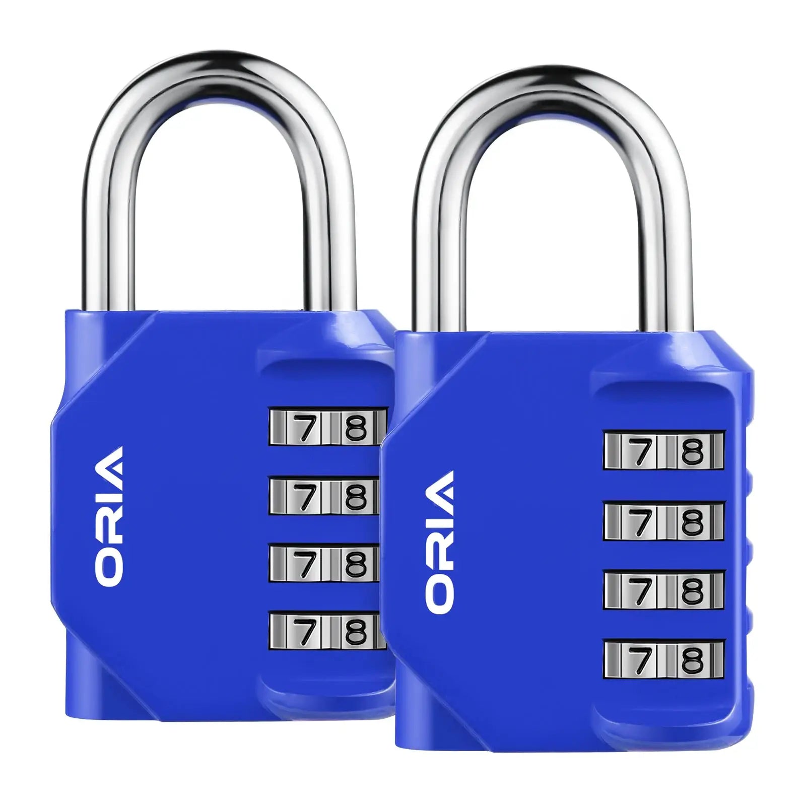 Two blue ORIA 4-digit combination padlocks with silver dials, 2-pack