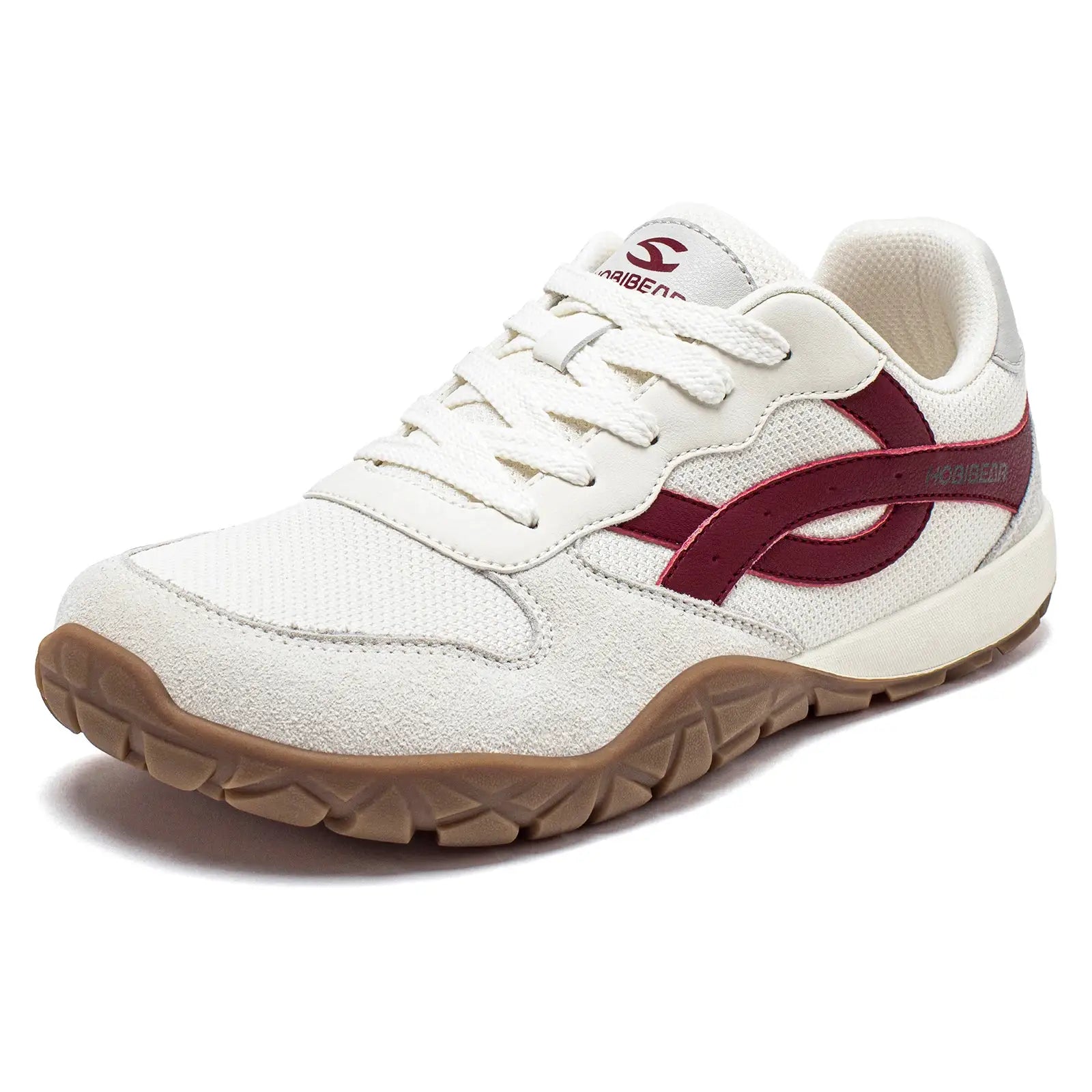 HOBIBEAR unisex wide-width sneakers, white mesh with maroon overlays and gum outsole