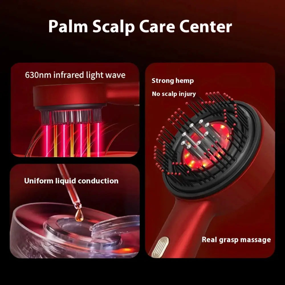 Electric head massager hair growth comb with 630nm infrared red lights and oil applicator.