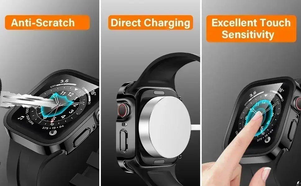 Apple Watch screen protector by Simples Market with tempered glass PC bumper, black, fits 40–46mm Series 4–9 SE
