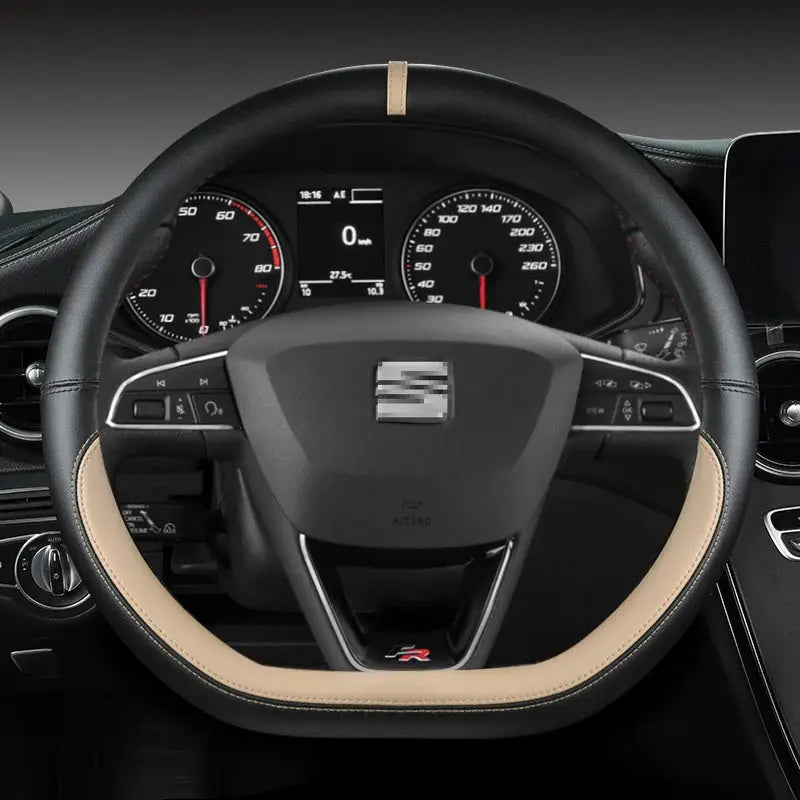 Microfiber leather steering wheel cover 38cm, non-slip, black with tan trim, Simples Market