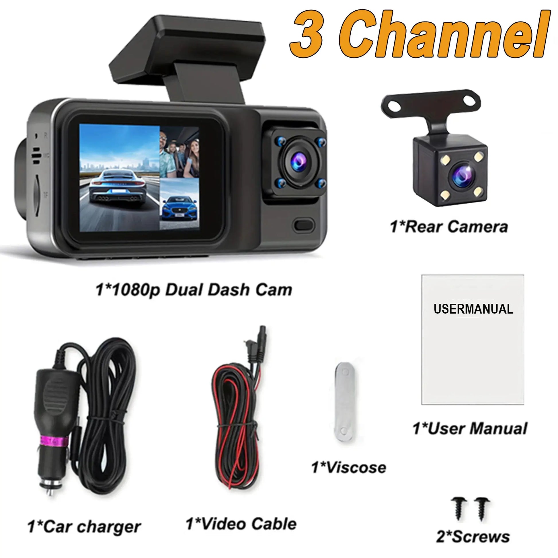 3-Channel Car Dash Cam kit with front unit and rear camera, 1080p dual recording, black; Simples Market