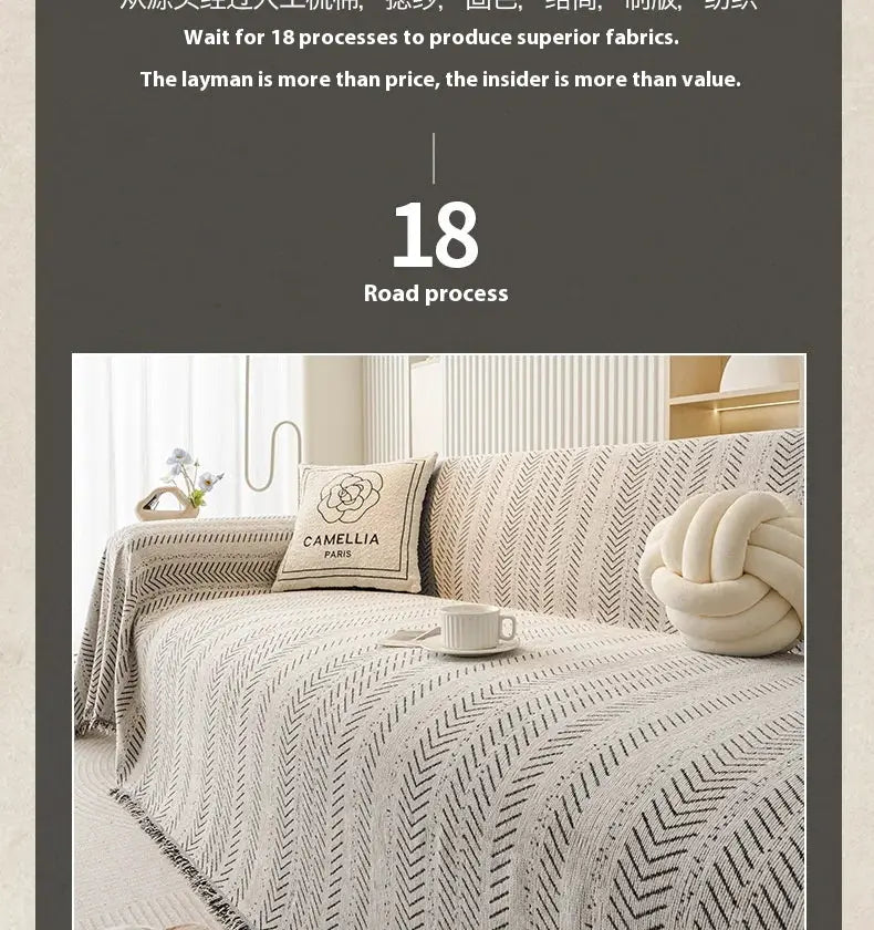3-seat sofa cover with beige fishbone pattern; anti-scratch, non-slip, stain resistant; includes CAMELLIA PARIS cushion.