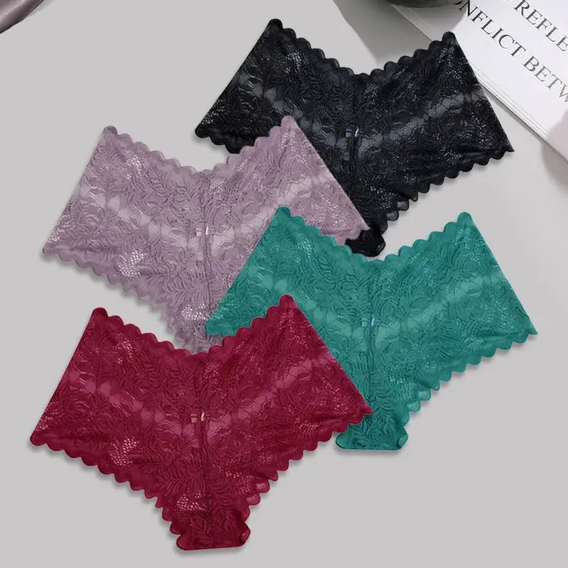 5-piece lace floral boyshorts underwear set for women in black, lavender, teal, magenta, and burgundy