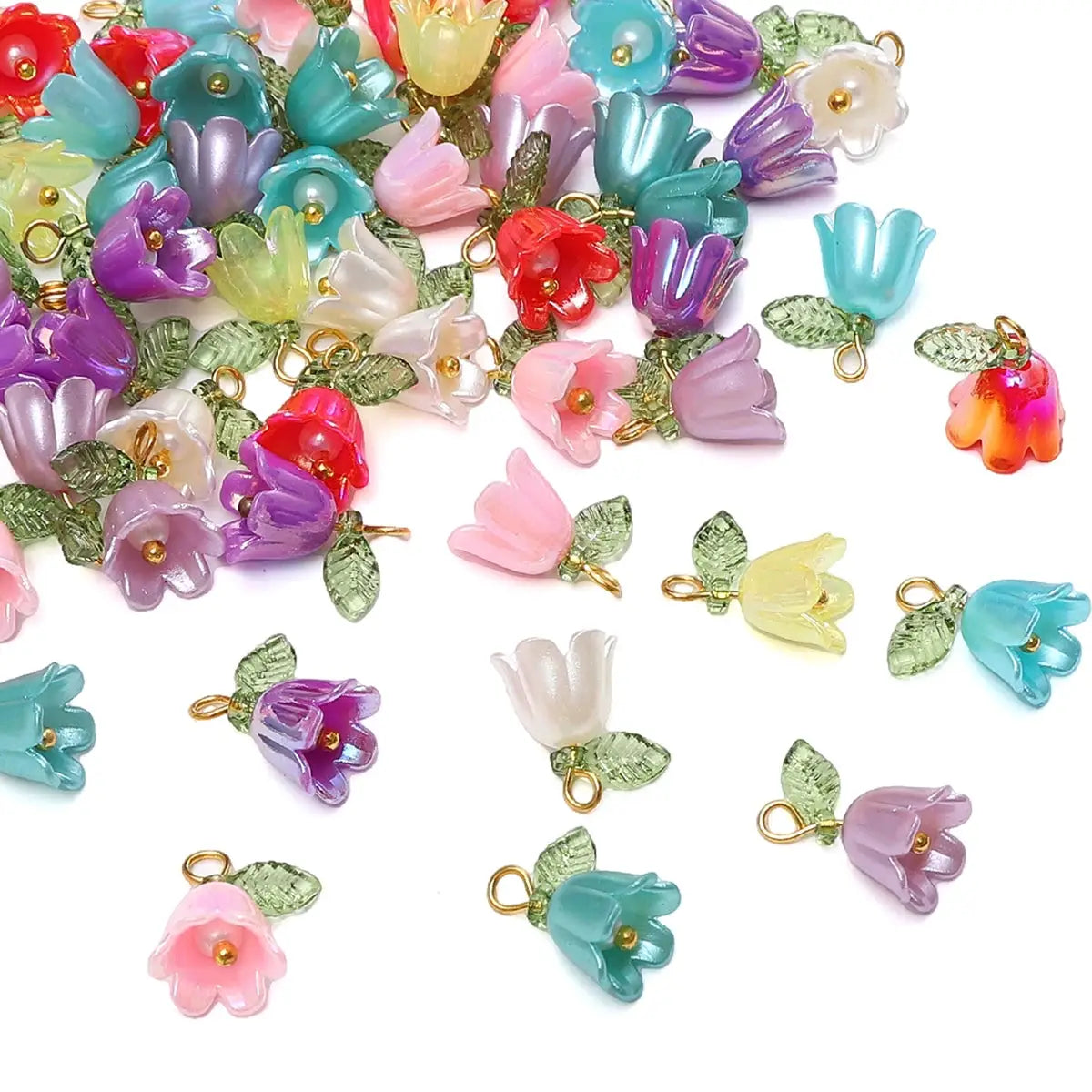 Assorted 11x14mm acrylic lily-of-the-valley flower beads with green leaves for DIY jewelry, 2–10 pcs