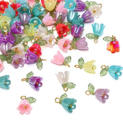 Assorted 11x14mm acrylic lily-of-the-valley flower beads with green leaves for DIY jewelry, 2–10 pcs