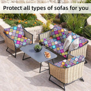 Simples Market outdoor tropical print sofa cushion covers; non-slip protectors for individual cushions in bright patchwork.