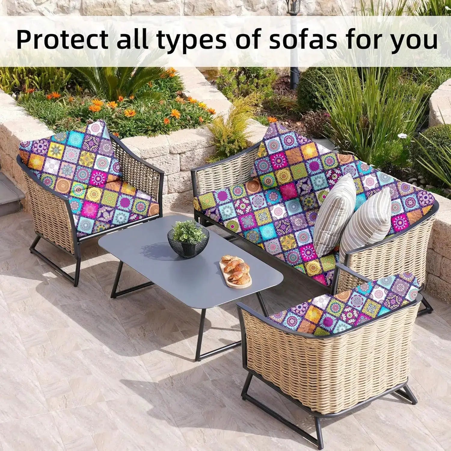 Simples Market outdoor tropical print sofa cushion covers; non-slip protectors for individual cushions in bright patchwork.