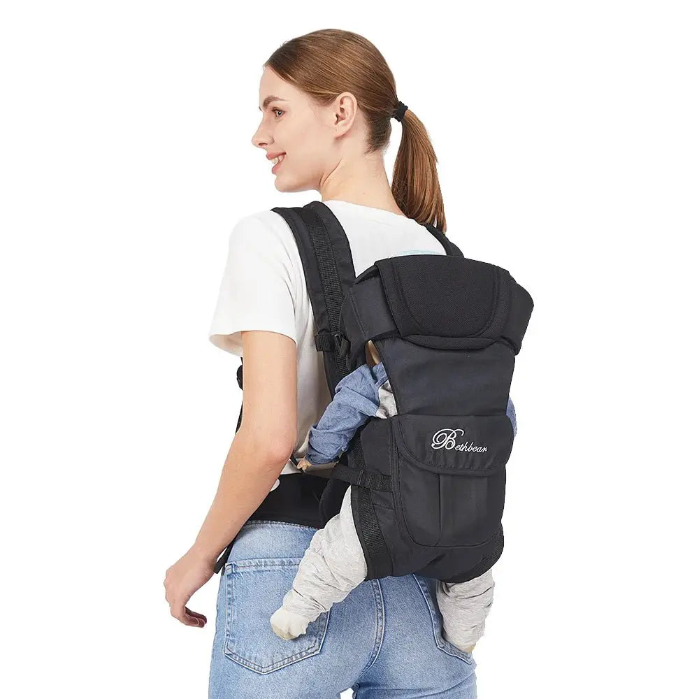 Woman wearing an ergonomic baby carrier backpack, comfortably carrying a child on her back.