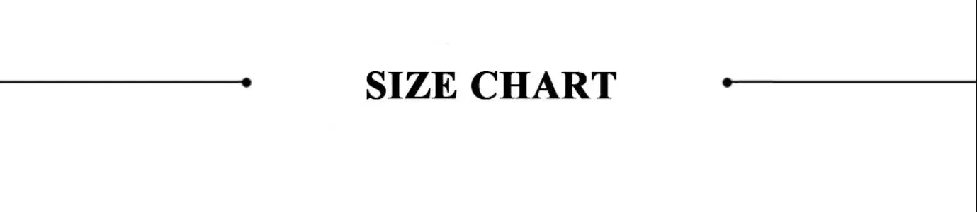 Size chart banner showing SIZE CHART with decorative lines on a white background.