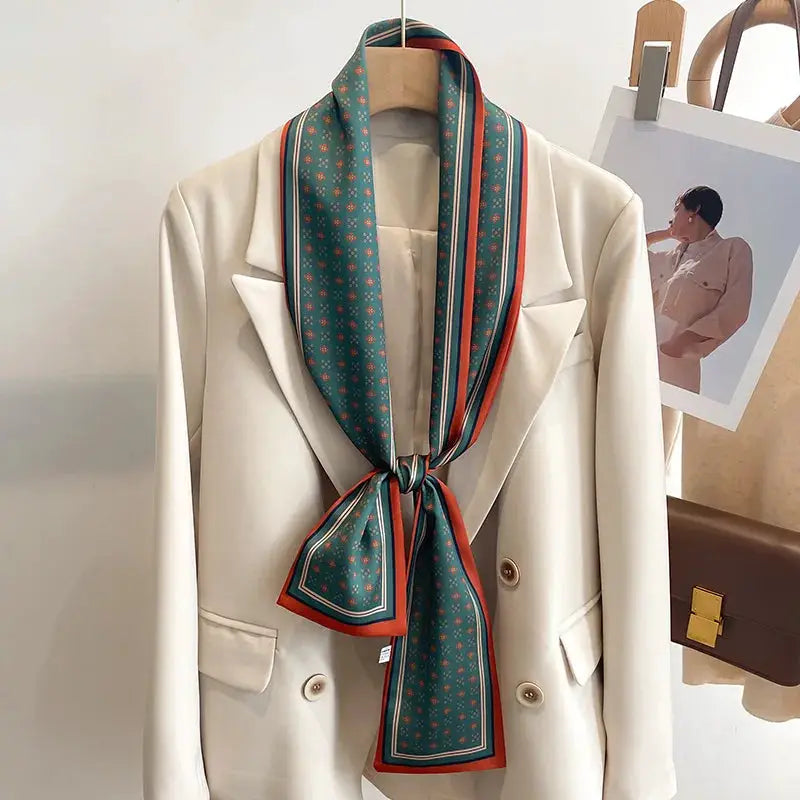 LuxeSilk Silk Feel Printed Design Scarf Versatile Long Narrow Silk Shawl For Fashionable Styles