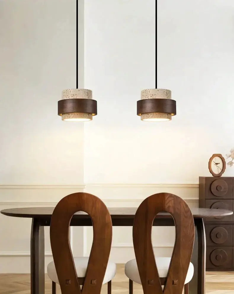 Pair of Japanese Wabi Sabi bar pendant lamps in cork and dark wood by Simples Market