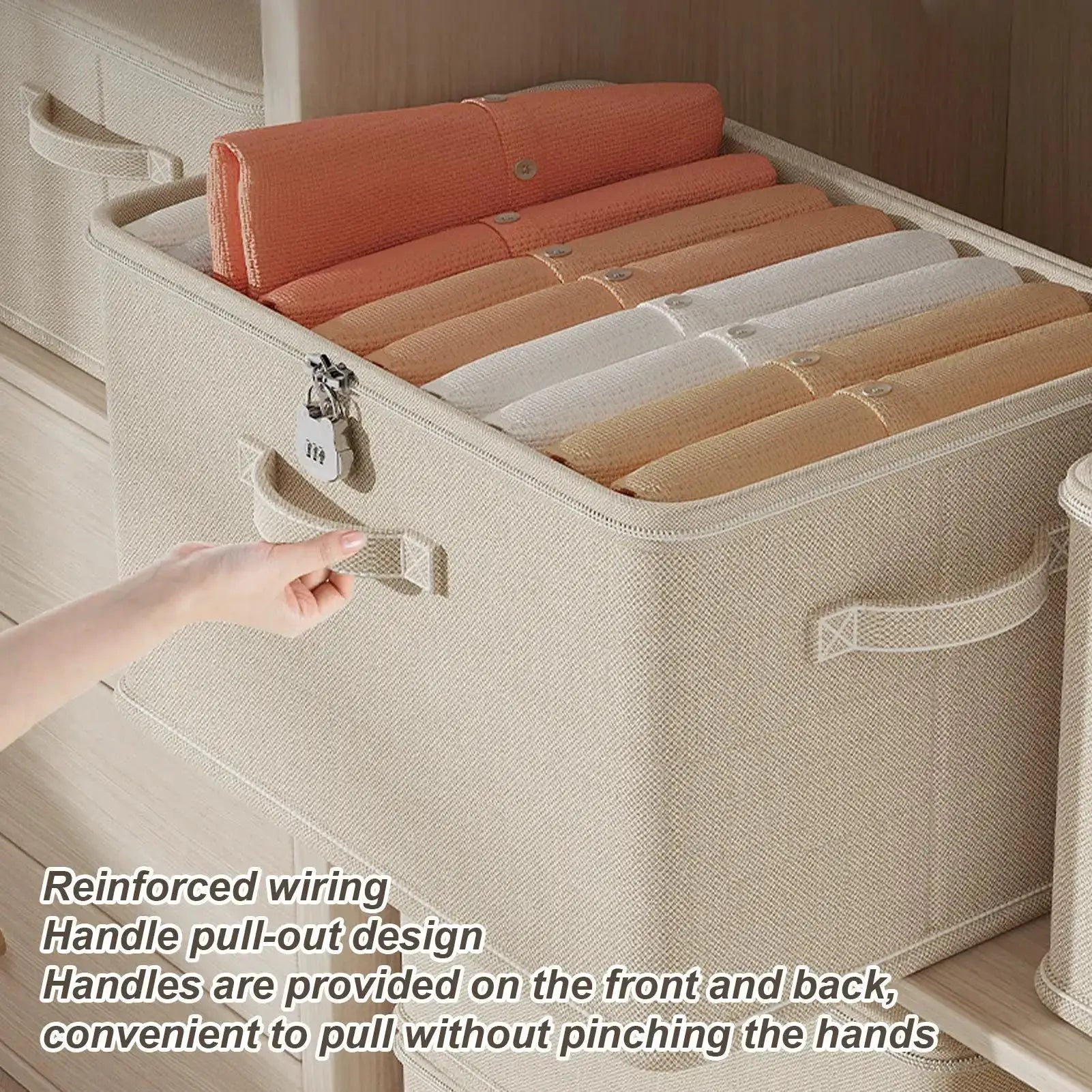 Lockable beige fabric storage box with reinforced pull-out handles and padlock