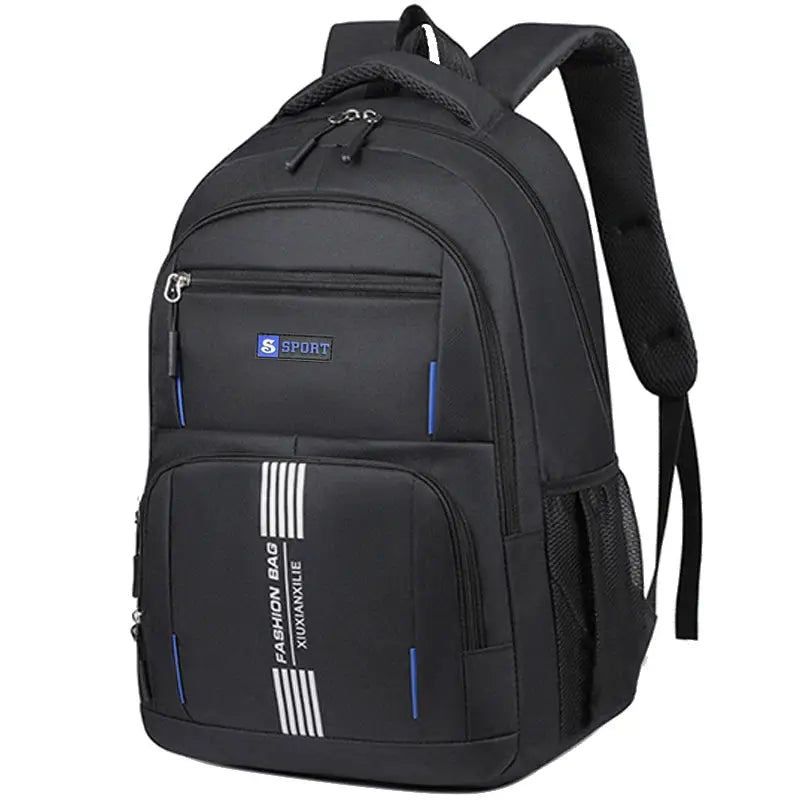 Fashion Minimalist Men’s Rucksack by Simples Market, black nylon backpack with multiple pockets and blue accents.
