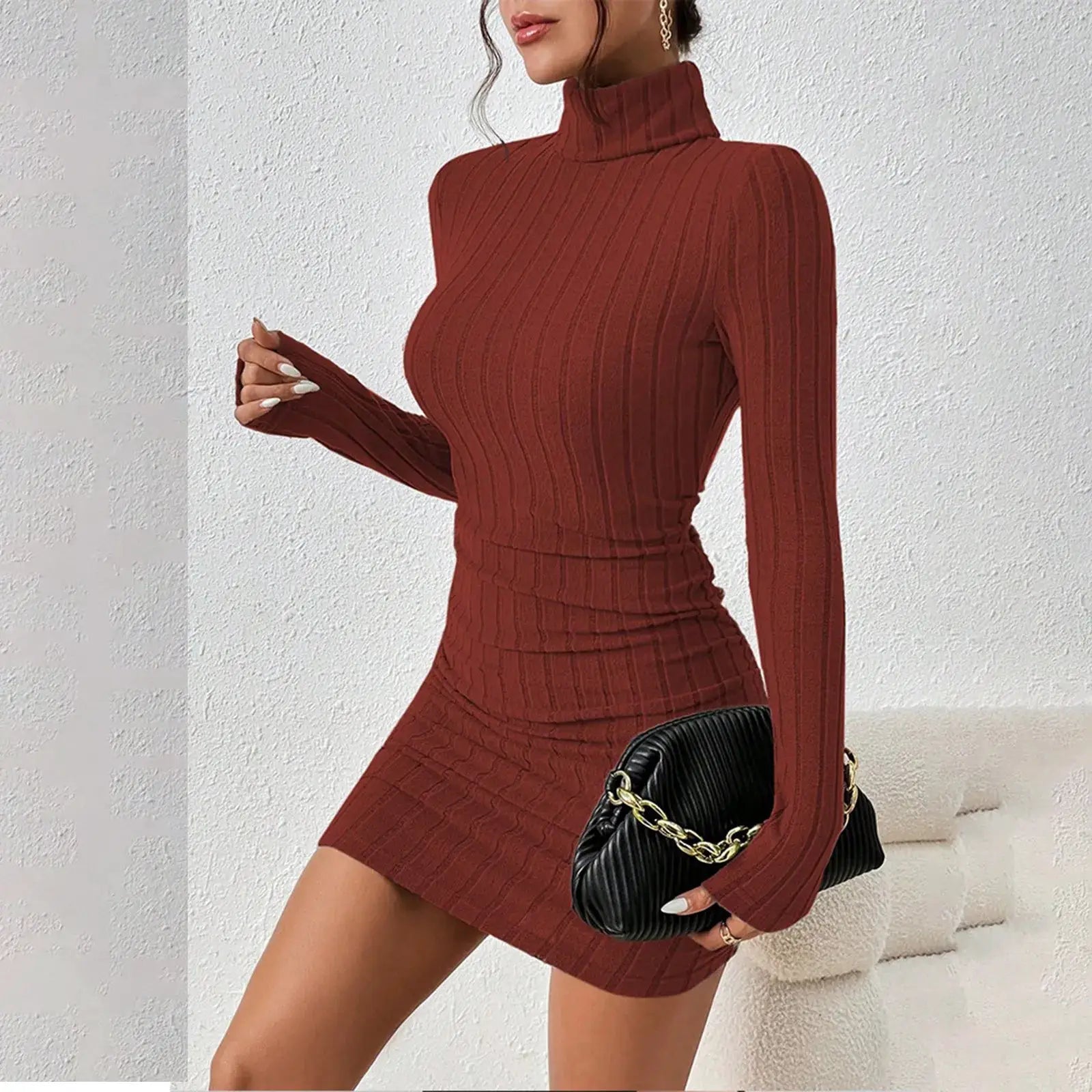 LuxeWeave Knitted Bodycon Mini Dress With Turtleneck And Long Sleeves Flattering Stretch Knit For Autumn Winter