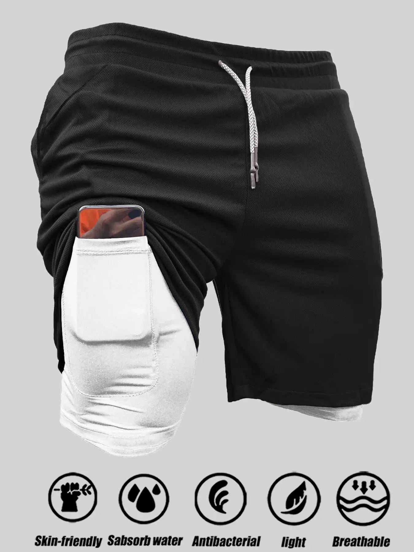 Men's 2-in-1 quick-dry sport shorts, black outer with white inner layer, drawstring waist and phone pocket.