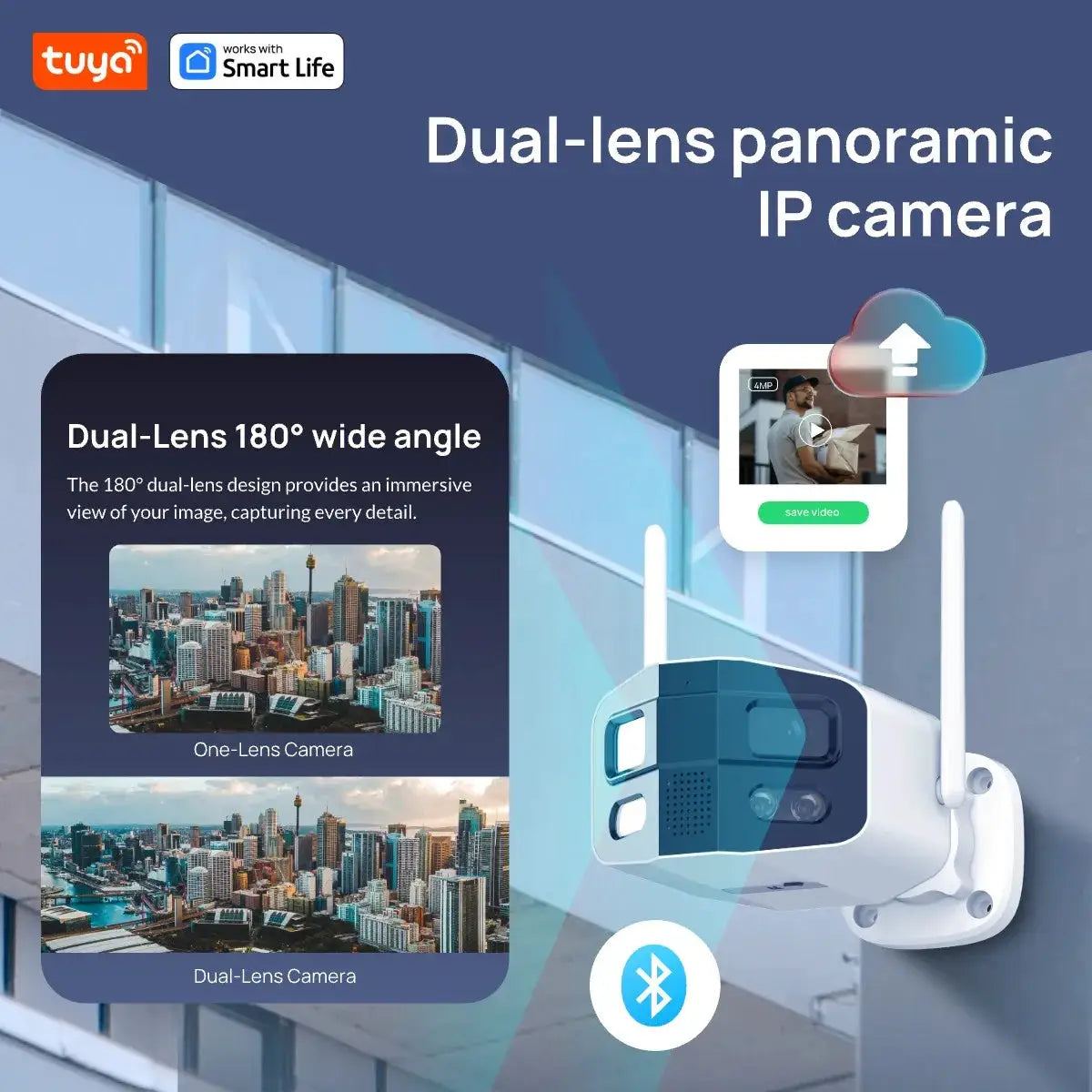 Tuya Smart dual-lens panoramic outdoor security camera with 180° wide angle, color night vision, and 2-way talk