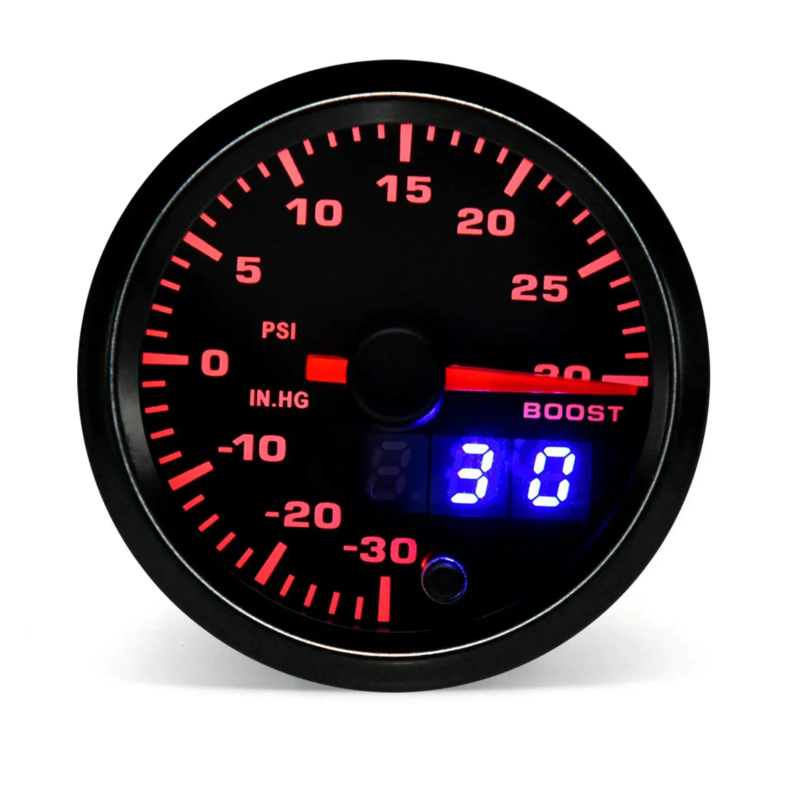 Simples Market 2-inch 52mm dual-display LED boost gauge with red analog dial and blue digital readout