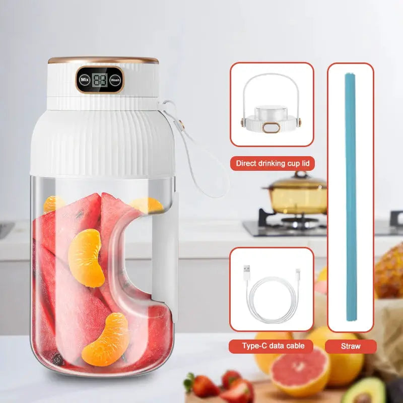 Simples Market 1000ML portable juicer blender; white body with clear jar and citrus slices; includes lid, blue straw, USB-C cable