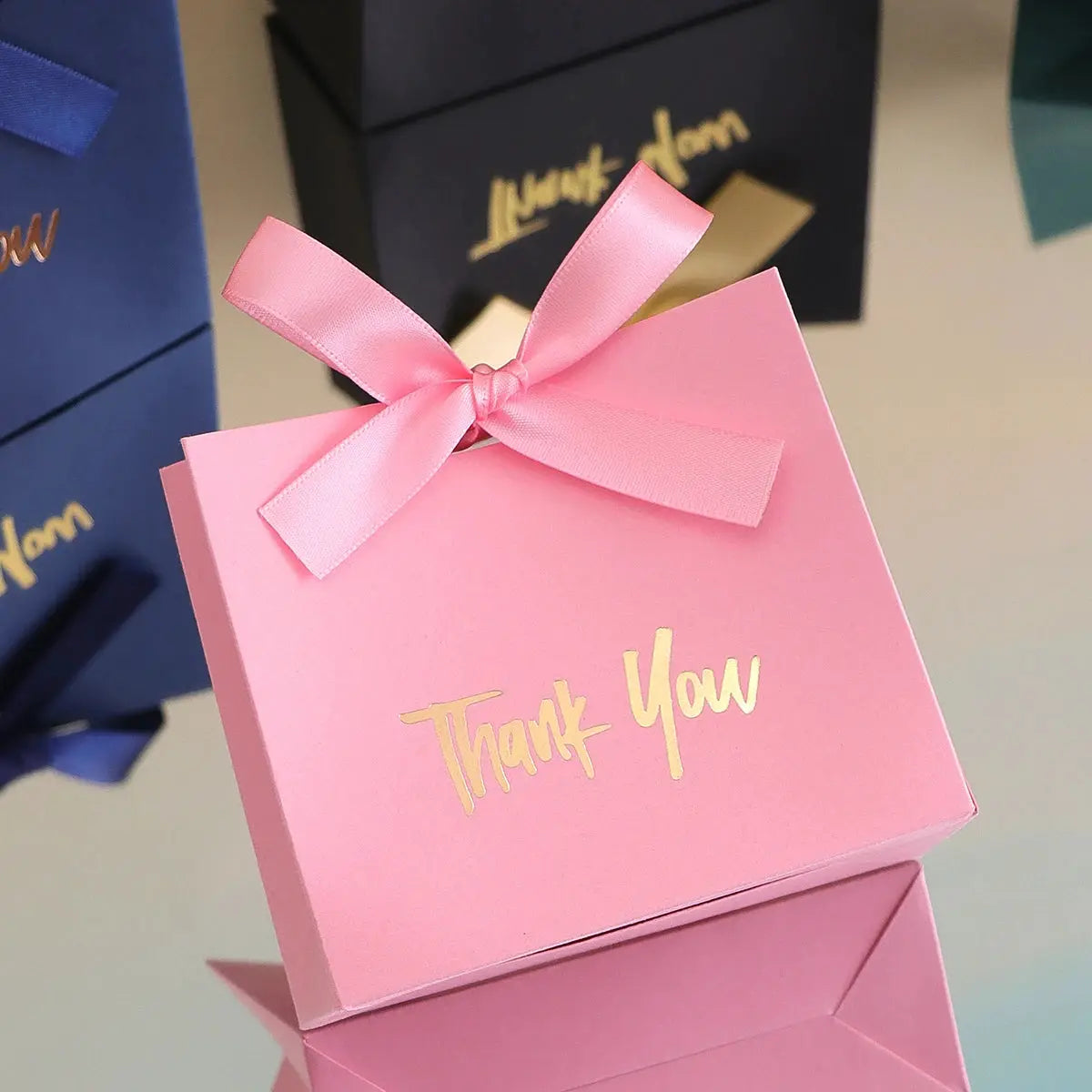 Pink mini gift box with satin ribbon and gold Thank You text; 10-pack gift box set.