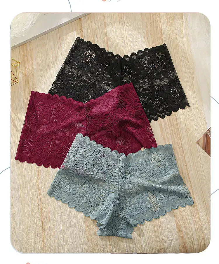 3pc lace underwear set for women in black, burgundy, and gray-blue with floral scalloped edges