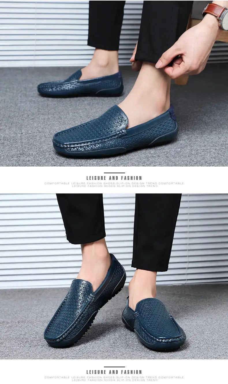 Men's blue leather loafers with perforated hollow-out design; breathable slip-on driving shoes.