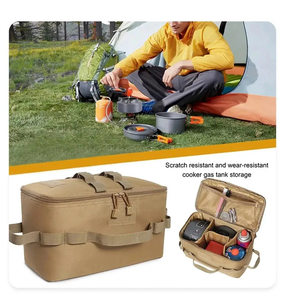 Tan large-capacity camping storage bag with cookware kit and gas canister organizer; shows stove, pots, utensils.