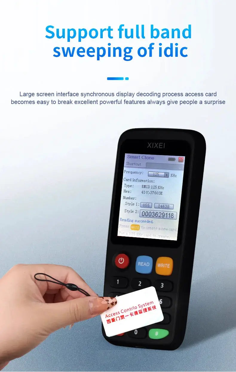 Black handheld RFID smart card reader X7 with color display and keypad, scanning a white access card